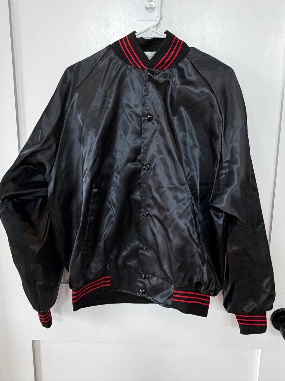 Black Satin Bomber Jacket with Red Trim - Men's Jacket L Powell Peterbilt